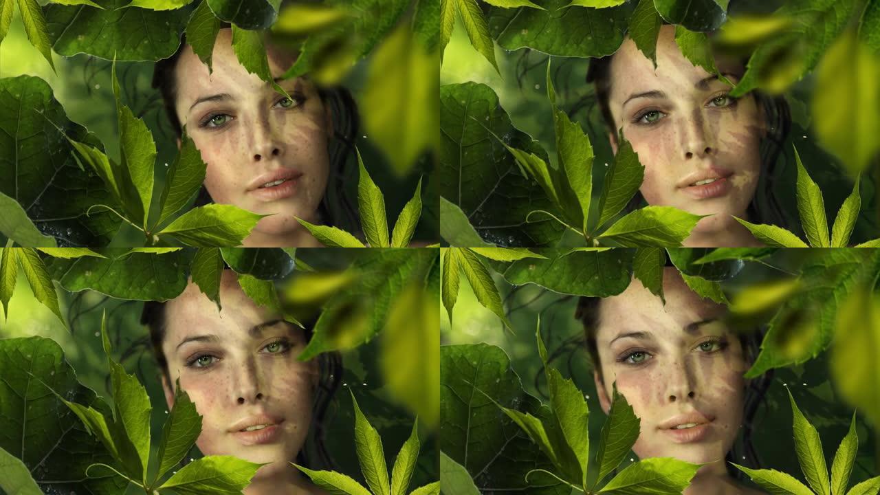 树叶中的女孩外国女人脸部特写实拍素材