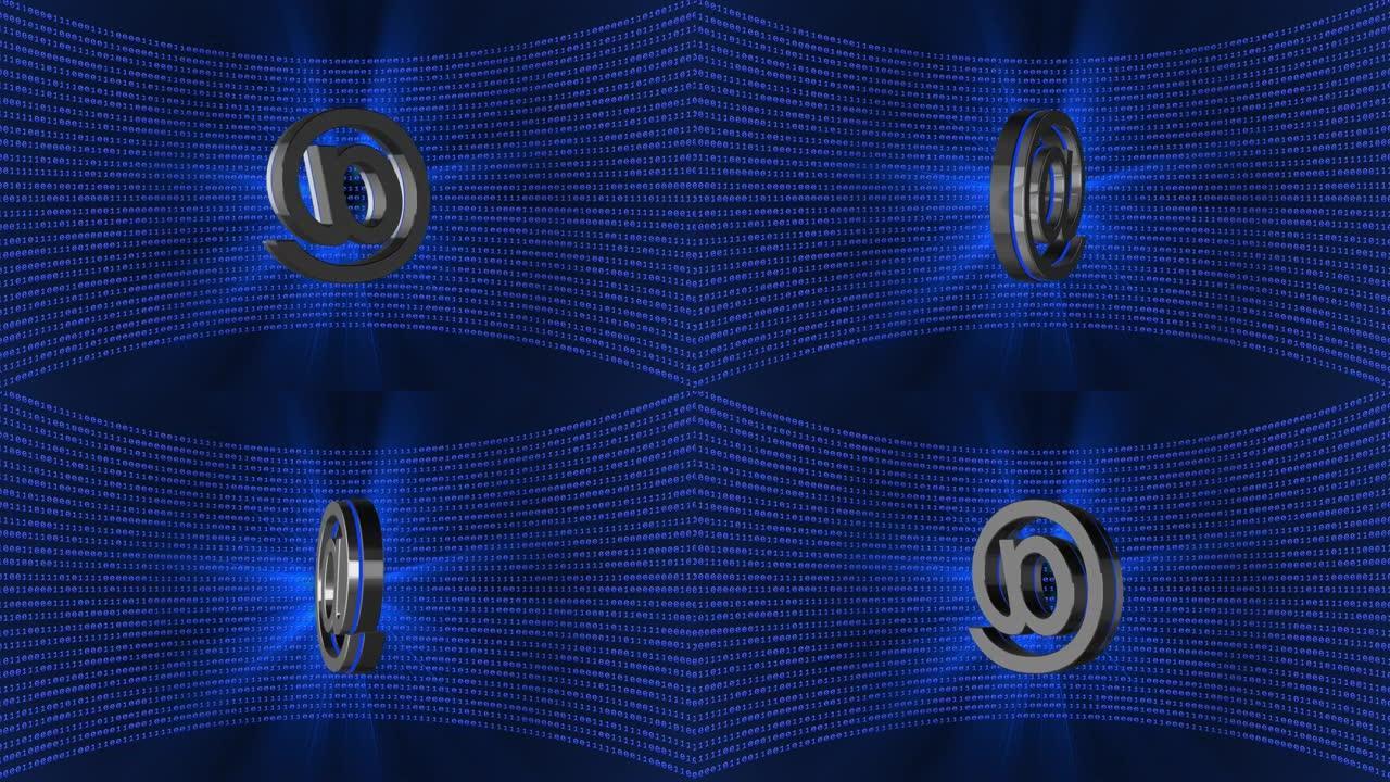 抽象数据流运动背景-在发光的皇家蓝色中随机变化的二进制代码的虚拟工作室墙前的灯光效果中的符号旋转