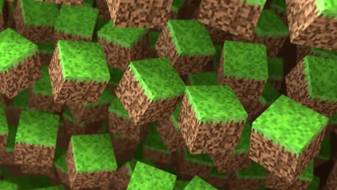 3D抽象立方体。几何镶嵌波图案。使用棕色和绿色的草块建造丘陵景观。《我的世界》风格。4k的3d动画循