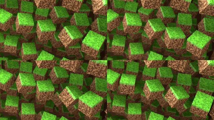 3D抽象立方体。几何镶嵌波图案。使用棕色和绿色的草块建造丘陵景观。《我的世界》风格。4k的3d动画循