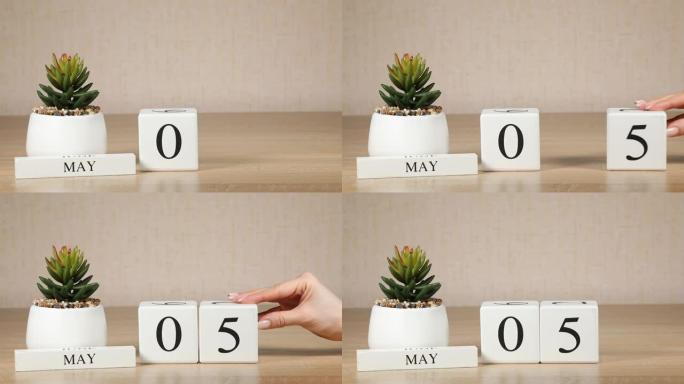 木制日历对5月05日来说是一个重要的事件，女人的手在日历上设置日期。春季。