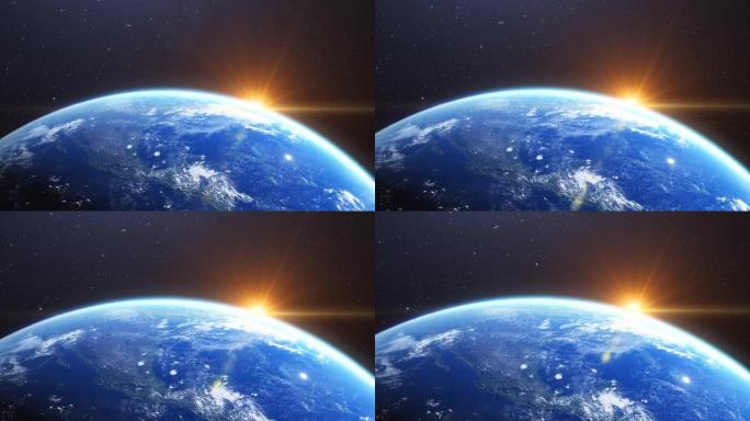 美丽的3d地球行星动画。空间变焦旋转视图，气候变化概念，全球化，宇宙和日出。世界行星卫星。4k中的恒
