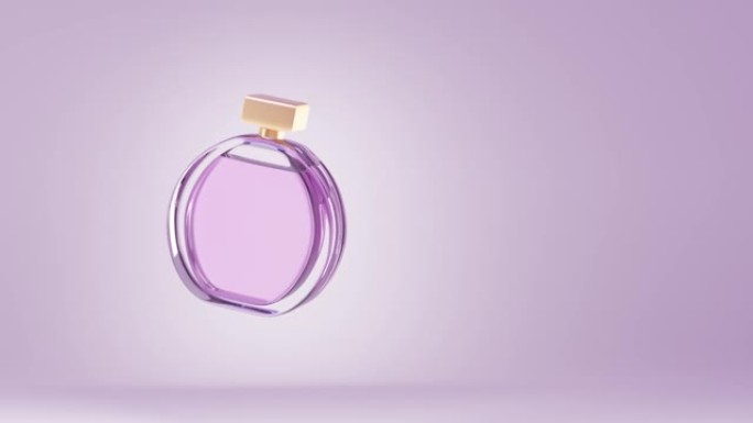 紫色背景上隔离的化妆品香水瓶。带粉色液体的玻璃圆形容器，适合女性。化妆品产品配有金帽、花卉精华、喷雾