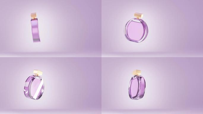 紫色背景上隔离的化妆品香水瓶。带粉色液体的玻璃圆形容器，适合女性。化妆品产品配有金帽、花卉精华、喷雾