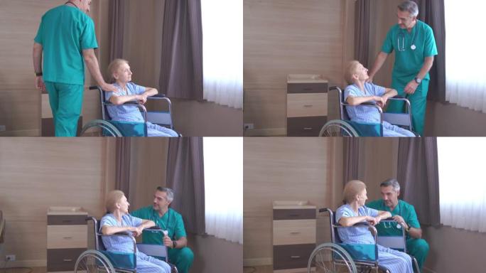 医生照顾坐在轮椅上的成熟女病人