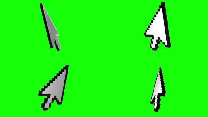 绿色屏幕或色度键上像素化白色箭头图标的3d模型。指针等距徽标。动画