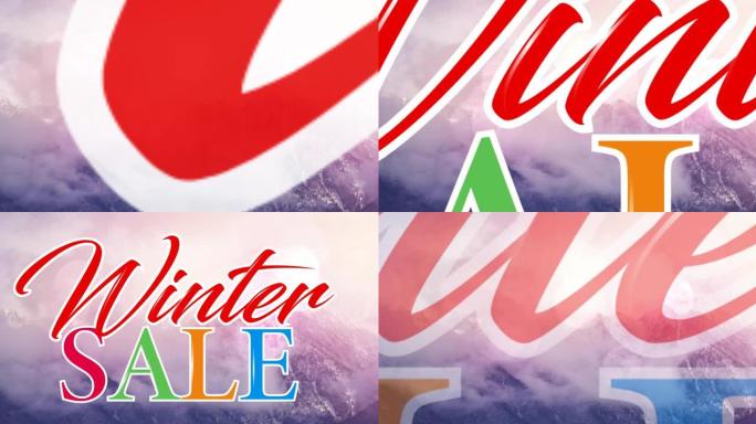 冬季景观背景上多色字母的冬季销售文本动画