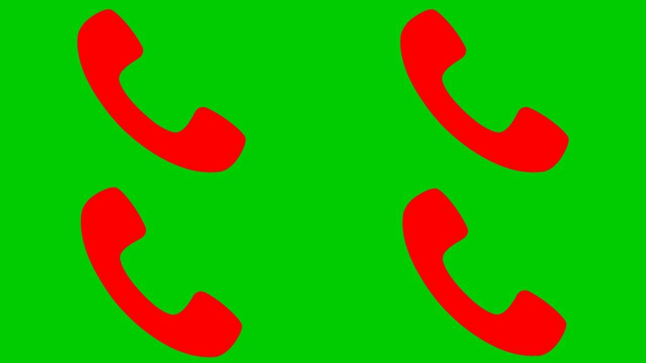 手机的动画红色图标。手机的象征。沟通、支持的概念。循环视频。矢量插图孤立在绿色背景上。