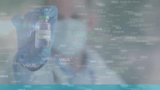 男子医生拿着疫苗小瓶的文字动画covid 19和病毒