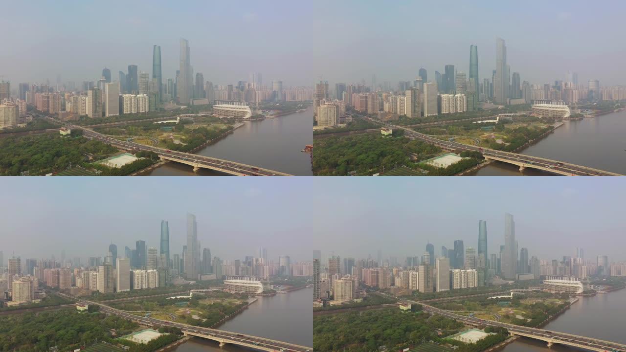 阳光明媚的日子广州市市中心交通大桥著名塔河畔空中全景4k中国