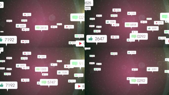 粉红色天空上的白色横幅上的社交媒体图标和数字的动画
