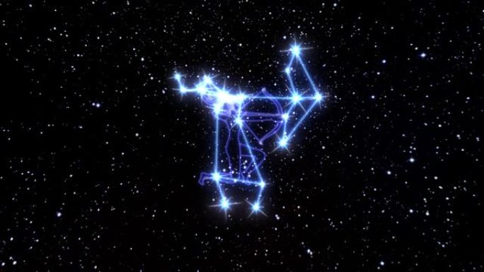 黄道星座人马座是由发光线连接的亮星星座。宇宙天空中黄道十二宫星座的动画。星座和星座的象征。