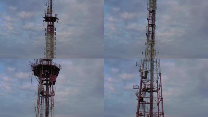 4g和5g蜂窝电信塔。基站或基站收发站。无线通信天线发射机。带天线对抗日出的电信塔。