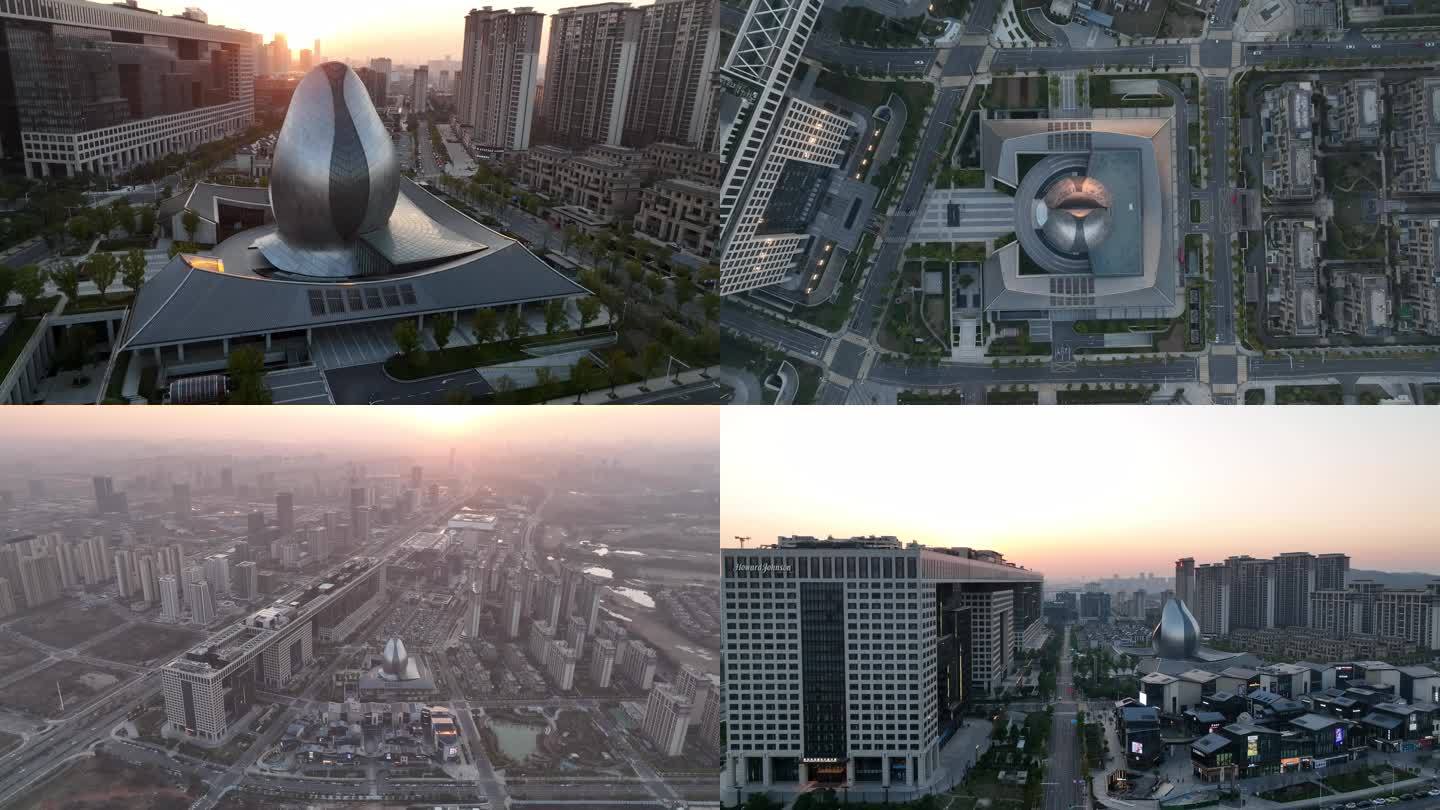 4k航拍夕阳中国建筑科技馆