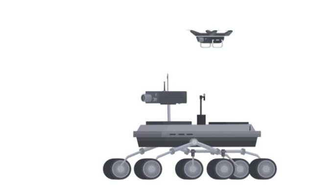 火星探测器。带有无人机的研究漫游车的动画。卡通