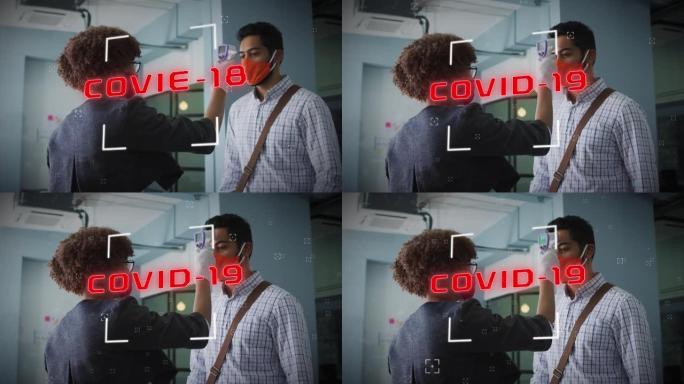 在办公室戴着口罩检查温度的男子上，covid 19细胞文本的动画