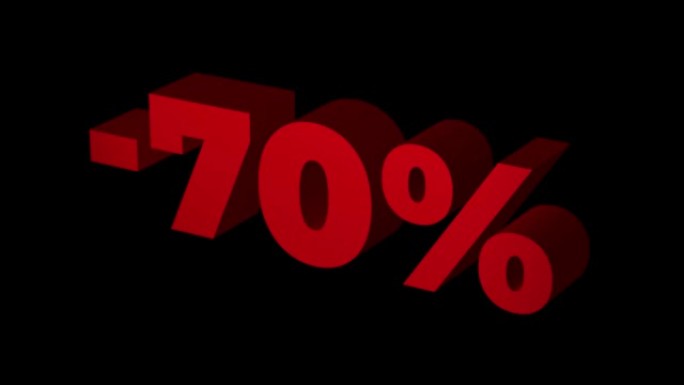 70% 关闭。红色3D文本循环动画与70% 折扣出售