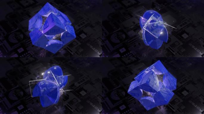 动画玻璃立方体形成一个美丽的加密技术球，反映未来