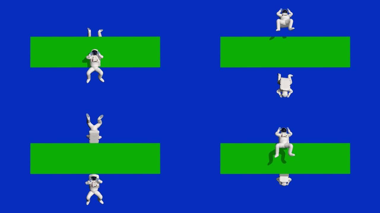 宇航员绕着一块空白的绿板旋转，有文字空间，蓝屏Chromakey
