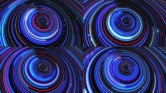 彩色抽象曲线或漩涡背景，霓虹波图案，带有发光点的抽象漩涡线