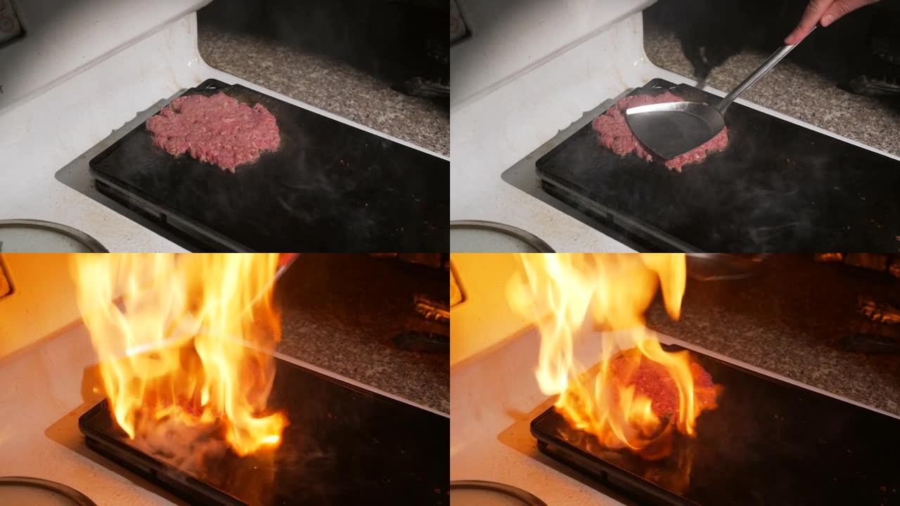 汉堡堡撞在铸铁扁顶上，大火爆发