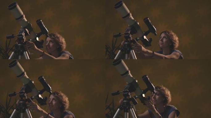 女人通过望远镜看星星-占星术概念，星座对未来的预测。