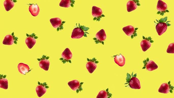 许多新鲜的红色草莓在黄色背景上摆动特写。无缝循环动画