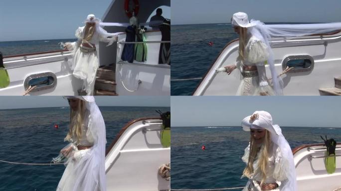 穿着白色服装的海盗在红海附近的船上的模型。