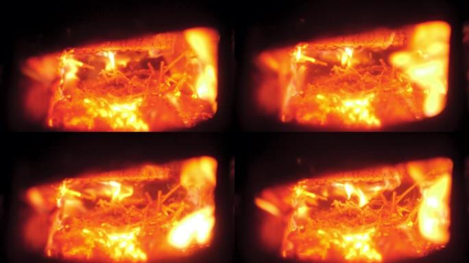 特写慢动作视频在燃烧的木制烤箱中极端高温