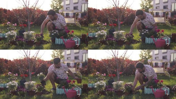 年轻人在阳光明媚的日子里园艺和浇花，年轻人在房子的后院种花，双手种植绿色的幼苗，社区园艺，都市农业，