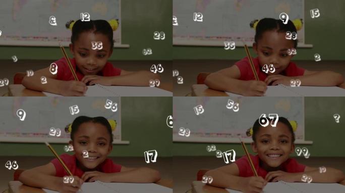 在学校学习的女学生的肖像上漂浮着多个数字