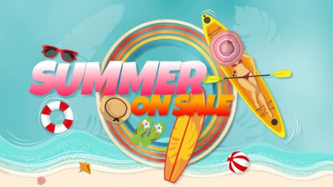 4k夏季特卖折扣卡通动画背景穿着比基尼放松性感的女人在海边的船上晒日光浴，夏天在热带海滩上有波浪花，