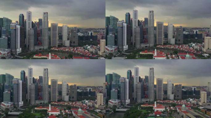 日落时间飞越新加坡城市著名的滨海湾市中心空中全景4k
