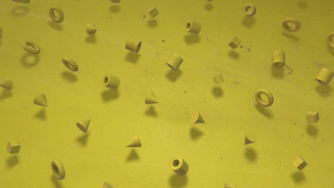 欢快的黄色。阳光明亮的黄色立方体，百吉饼，圆柱体，旋转的无缝轮廓背景的3D动画。非常适合演示。把你自