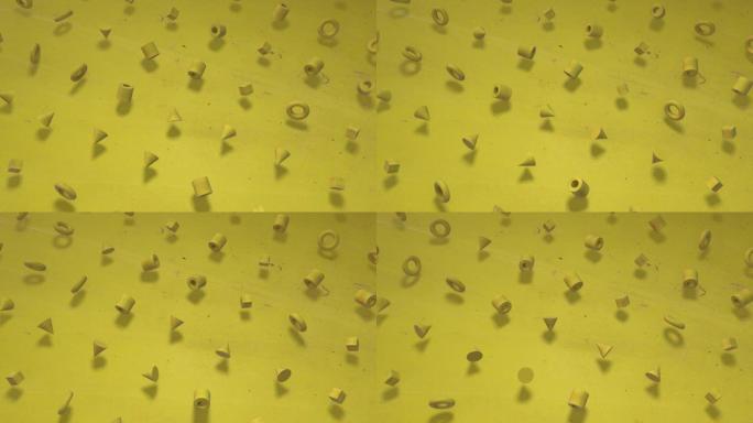 欢快的黄色。阳光明亮的黄色立方体，百吉饼，圆柱体，旋转的无缝轮廓背景的3D动画。非常适合演示。把你自