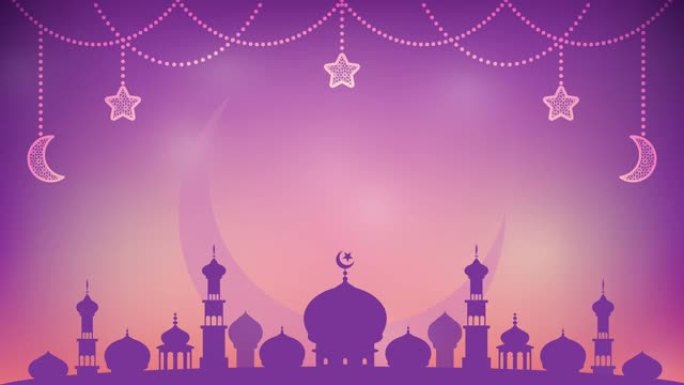 4K斋月背景动画。美丽的夜晚与清真寺在紫色的背景