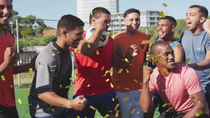 五彩纸屑掉落在球场上庆祝的男子足球队的动画
