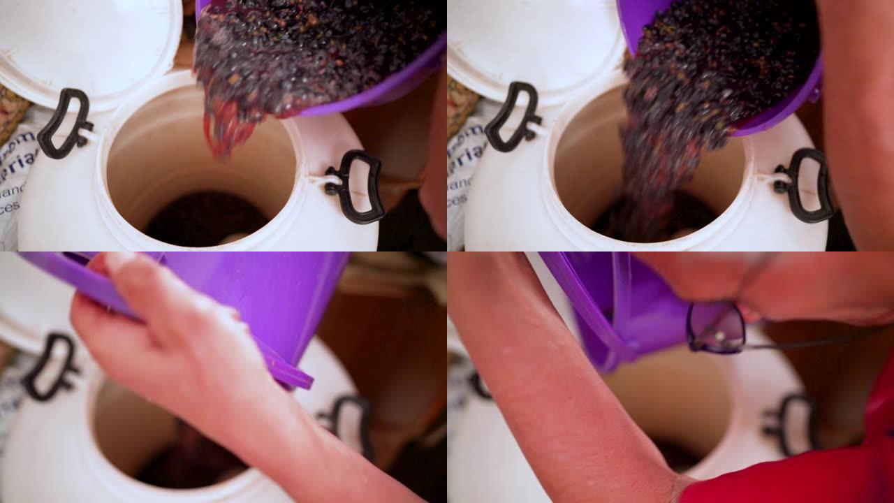 一个无法识别的人将葡萄插入桶中的特写镜头
