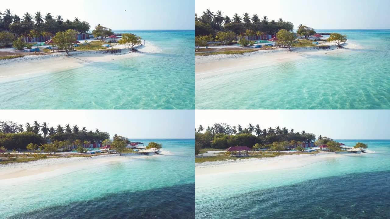 马尔代夫Maafushi岛当地海滩的4k镜头鸟瞰图