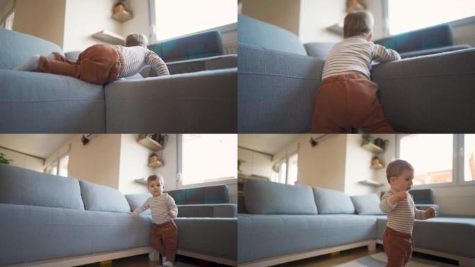 蹒跚学步的孩子独自爬下沙发，迈出第一步