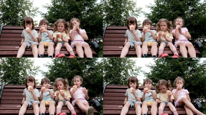 孩子们在家庭暑假里一起吃冰淇淋和玩乐