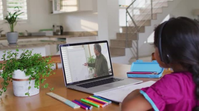 非裔美国女孩在家里的笔记本电脑上与男老师进行视频通话时举起了手