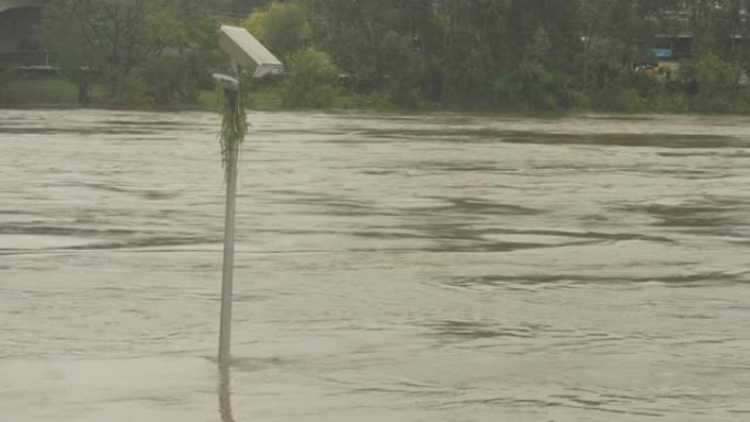 nepean河在洪水中，灯柱上有杂草，显示出洪水高度