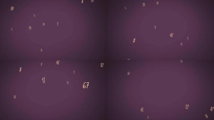 紫色背景下漂浮的多个数字和符号的数字动画