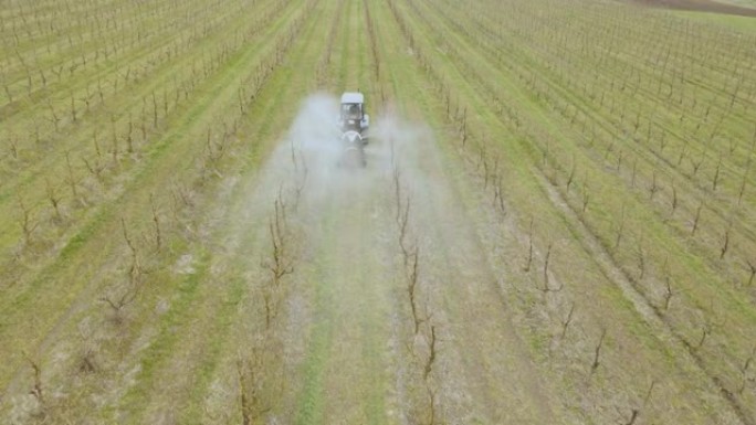 用喷雾器在果园苹果果园上喷洒的农用拖拉机的鸟瞰图