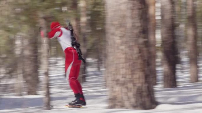 冬季两项运动员在森林的越野赛道上滑雪