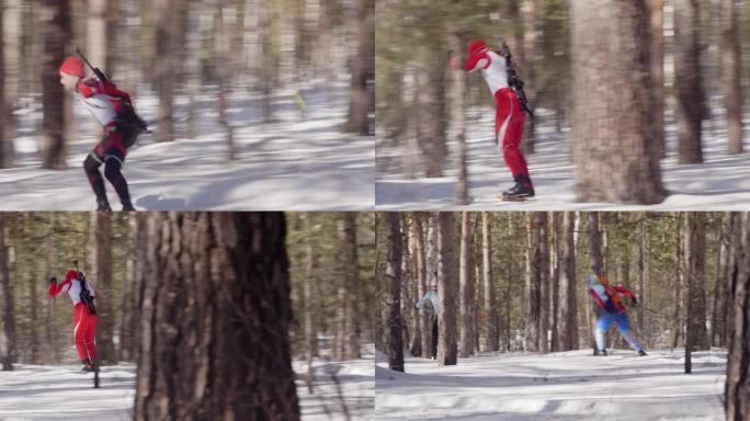 冬季两项运动员在森林的越野赛道上滑雪