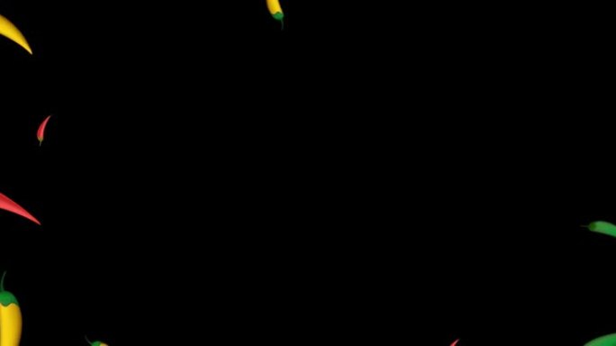 辣椒在黑色背景上飞行和旋转。红黄绿辣椒运动动画。横向构图，4k视频质量