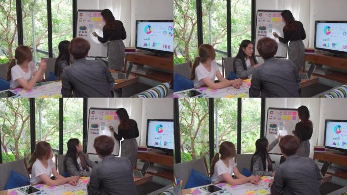 创意设计师在数据图表上工作和编写计划，并找到在办公室一起工作的想法。