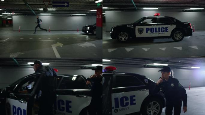 巡逻车上的警察追捕罪犯。从警察逃跑的男性罪犯
